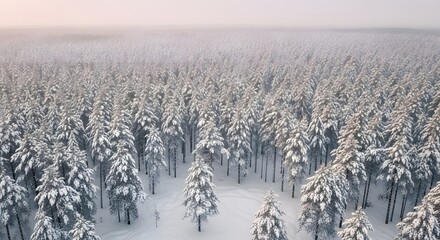 Aerial view of a dense snow covered forest with evergreen trees under a hazy sky in winter time