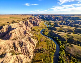 High-angle view of a winding river flowing through a colorful landscape of buttes and canyons