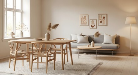 A bright living room with a wooden table chairs sofa art and a floor lamp creating a cozy atmosphere