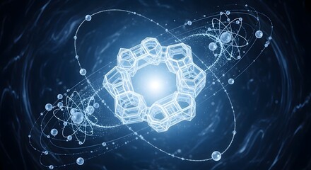 Abstract representation of a molecular structure with atoms and electron orbitals in blue tones