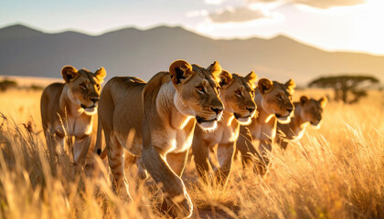 Powerful pride of lioness walking together through golden savanna in Africa. These wildlife animal look determined during beautiful sunset on safari journey