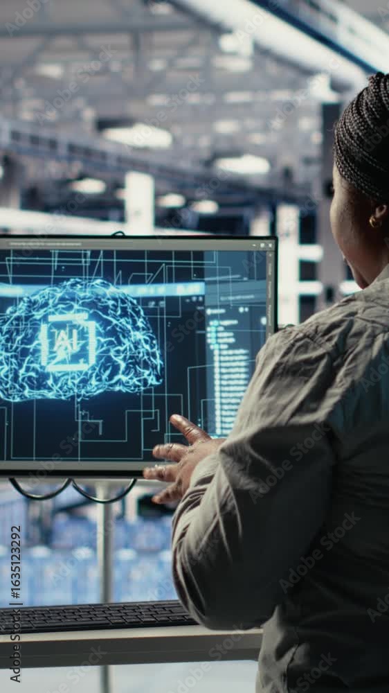 Poster vertical video army experts in server room use artificial intelligence program to review reconnaissa