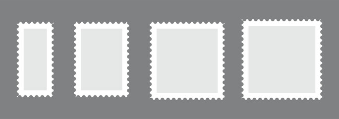 Blank postage stamps borders vector set. Mockup postage stamps with shadow. Realistic trendy post stamps set. Vector illustration.