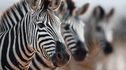 Striking close-up portrait of a group of zebras grazing in the wild plains