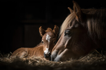 Obraz premium Newborn foal resting in straw next to mare in dimly lit barn