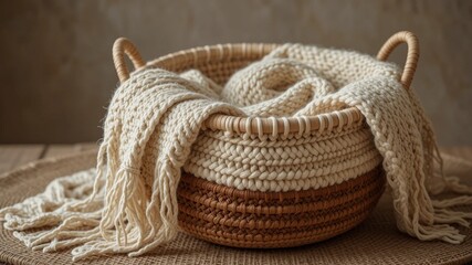 Obraz premium Cozy Woven Basket with Cream Blanket and Fringe on Wooden Tabletop