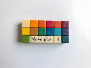 Colorful alphabet blocks spelling November 14 on a white background fourteen date