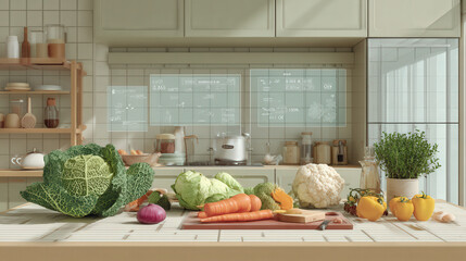 modern kitchen featuring augmented reality infographics displaying food temperature surrounded by fresh ingredients