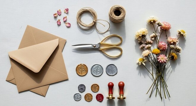 Elegant Stationery Flat Lay: Dried Flowers, Wax Seals, and Crafting Supplies