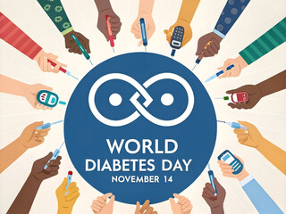 Diverse hands hold diabetes testing devices and insulin pens around World Diabetes Day symbol