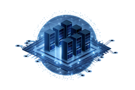 futuristic data center isolated on white background, png, ai generated.