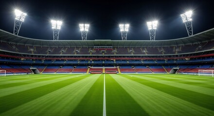 Empty Stadium at Night, Illuminated by Powerful Spotlights