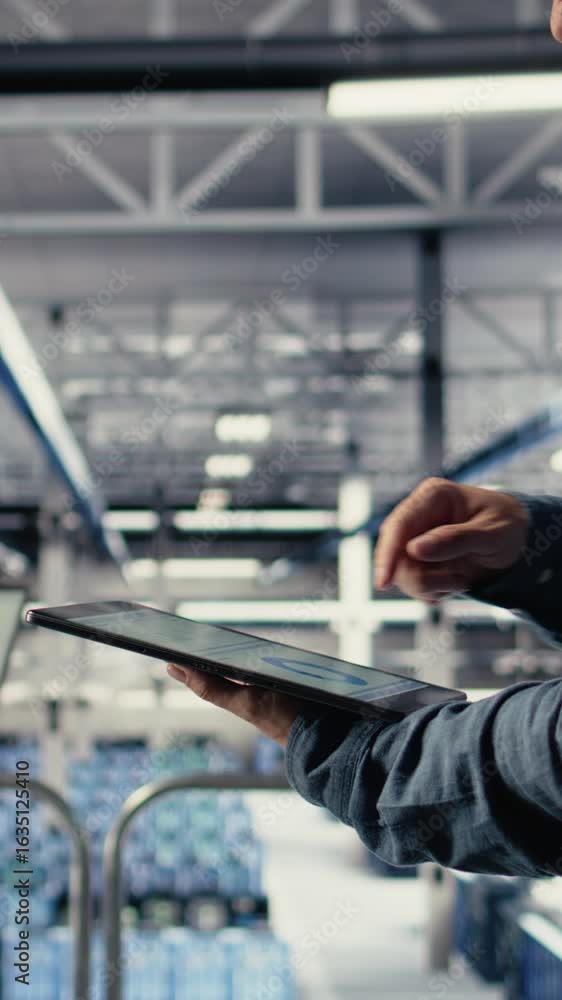 Poster vertical video server room employee checks data charts on tablet to monitor system health. system ad