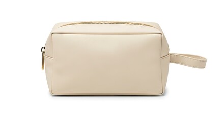 A beige cosmetic bag with a gold zipper and a handle is centered on a white background