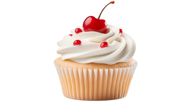 Delicious vanilla cupcake with whipped frosting and cherry on top, perfect treat