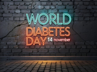 Naklejka premium World Diabetes Day neon text effect glowing on brick wall with cobblestone floor november