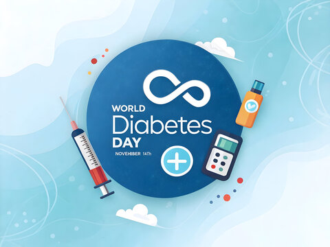 World Diabetes Day illustration with syringe glucometer and insulin pen on blue background
