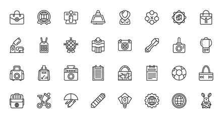 Line art icons depicting diverse objects, including travel, business, and technology elements