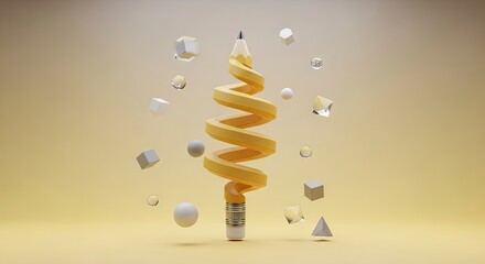 Obraz premium A pencil core spirals up encircled by geometric shapes on a gold backdrop