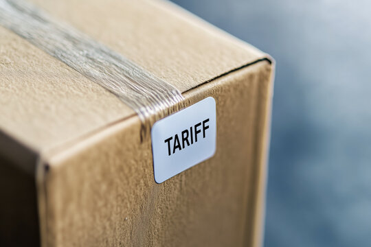 A close-up of a cardboard box with a "TARIFF" label - Powered by Adobe