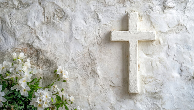 Serene White Cross on Textured Wall with Delicate White Flowers