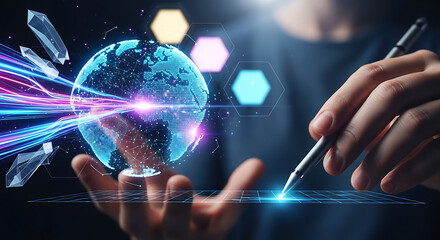 Photo of futuristic digital world with data streams and artificial intelligence concept