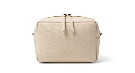 A white leather bag with gold zippers and a textured surface sits on a white background