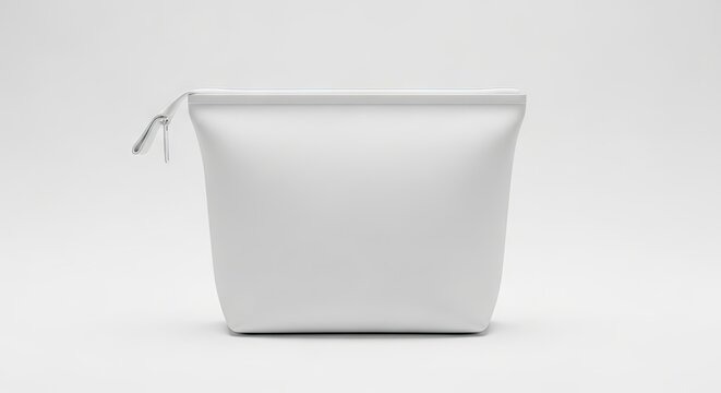 A white zippered pouch stands centered against a light background The pouchs minimalist design features a silver zipper pull
