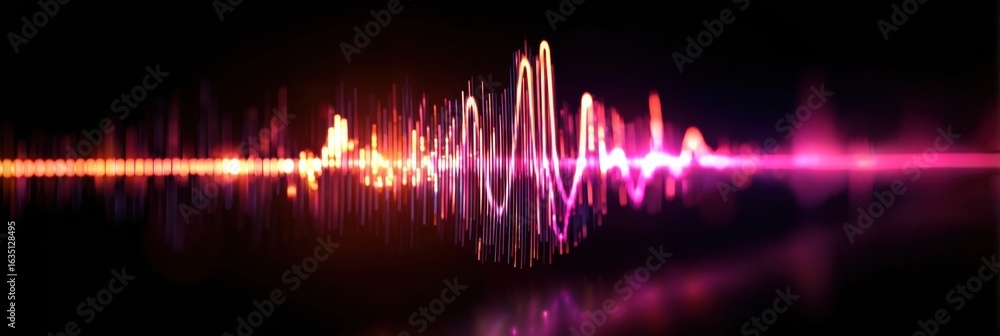 Poster vibrant sound wave patterns illuminated in neon colors against a dark background creating an abstrac