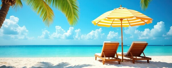 Two deckchairs under a striped parasol, palm trees sway nearby , scenic, calm, summer