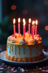 A beautifully decorated birthday cake with glowing candles , joyful, vanilla