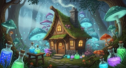 Fototapeta premium Enchanted cottage in a mushroom forest surrounded by potion bottles