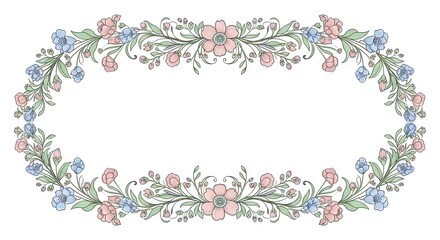 Floral border with blue and pink flowers green leaves and delicate tendrils around a central oval