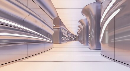 Fototapeta premium Futuristic Metallic Corridor with Organic Curves and Integrated Lighting