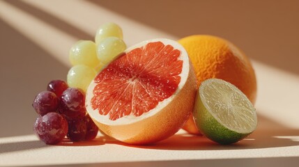 Vibrant citrus fruit arrangement under sunlit backdrop
