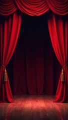 Deep red curtains pulled back revealing empty stage, magic, red backdrop, dark stage