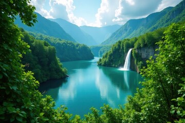 Dramatic Plitvice Lakes vista, multiple waterfalls, lush greenery, beauty, picturesque, natural