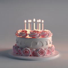 Rose-decorated cake with glowing birthday candles