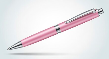 Pink pen with chrome accents on a white background angled with a shadow
