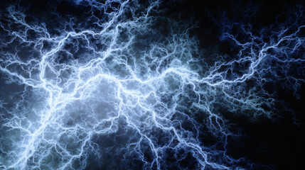 Neon blue and white fractal electricity branching through cosmic void, symbolizing natural energy.