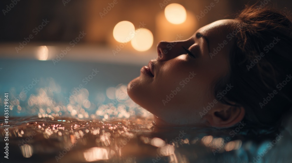 Poster focused medium shot of a person reclining in warm bathwater gentle bokeh effect on surrounding healt