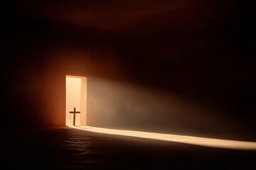 Cross at the doorway bathed in golden light