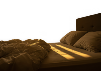 Cozy bed with sunlight rays isolated on transparent background