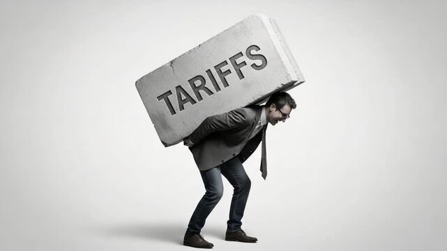 Man in suit carrying large stone block labeled tariffs on his back against a white background