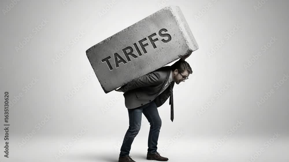 Poster man in suit carrying large block with tariffs written on it in studio setting on white background