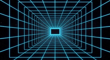 Futuristic Neon Grid Tunnel with Blue Lines and Starry Background in Sci-fi Style