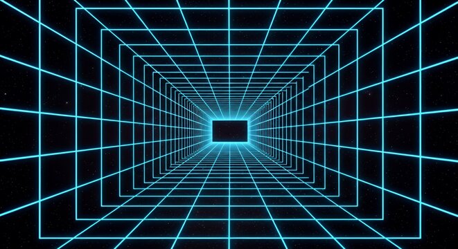 Futuristic Neon Grid Tunnel with Blue Lines and Starry Background in Sci-fi Style - Powered by Adobe