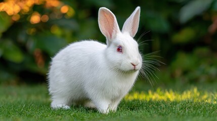 Fototapeta premium A white rabbit with red eyes sits in a grassy area, subtly illuminated by sunlight filtering through the foliage