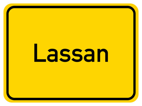 Illustration of a city entrance sign for the city of Lassan