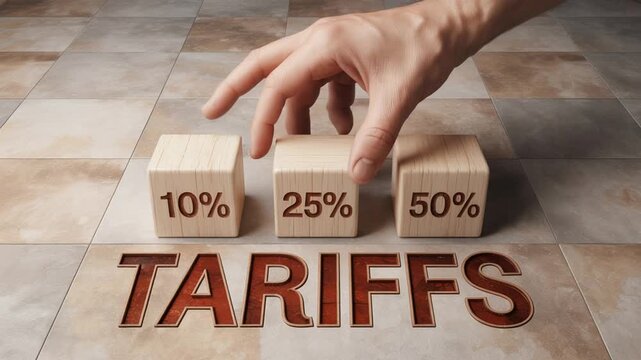 A hand touching wooden blocks with percentage signs above the word tariffs on a tiled surface